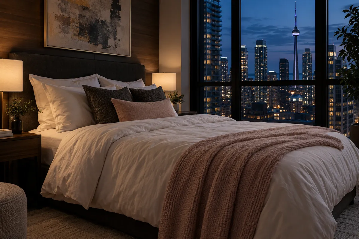 A neatly arranged Toronto condo bedroom
