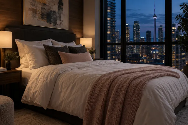 A neatly arranged Toronto condo bedroom