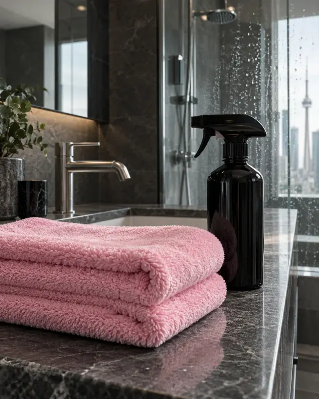 Pink towels and cleaning supplies on a stone counter