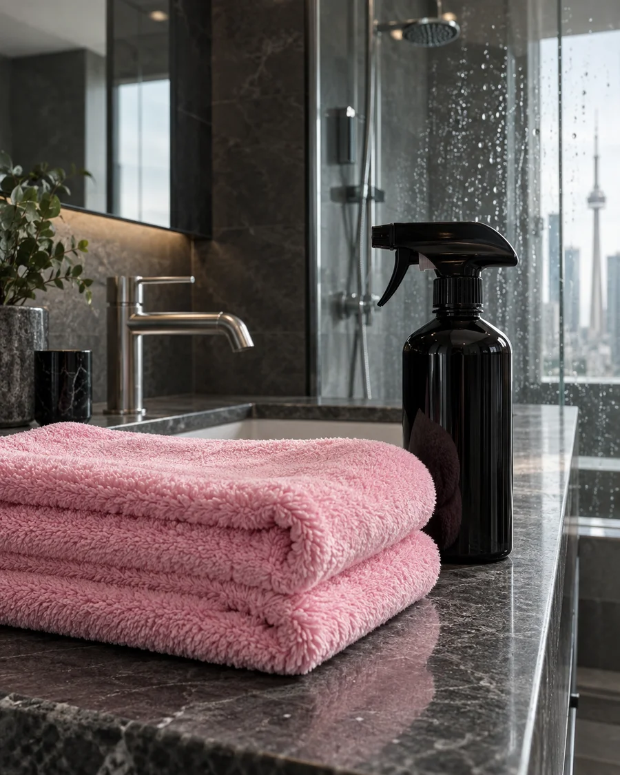 Pink towels and cleaning supplies on a stone counter