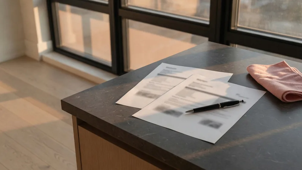 A written scope and invoice side by side on a kitchen counter