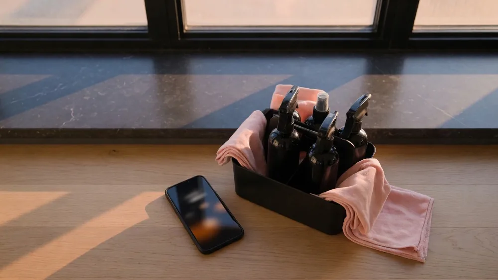 A phone timer beside a caddy of cleaning products