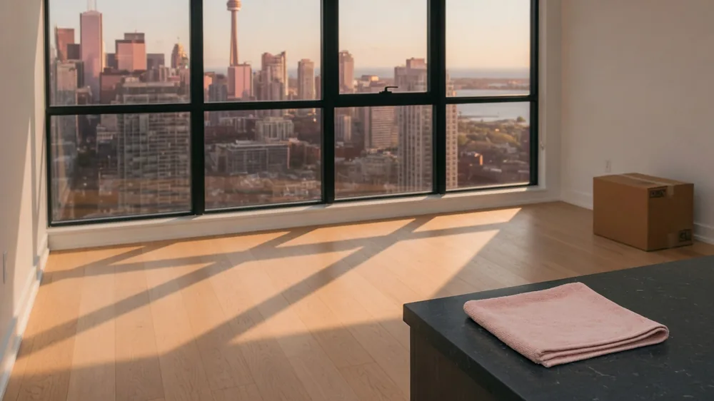 An empty condo living room with the window light across the floor