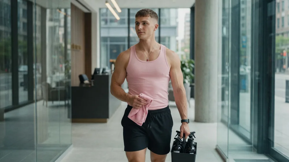 Alex with a pink cloth in a Church Street lobby